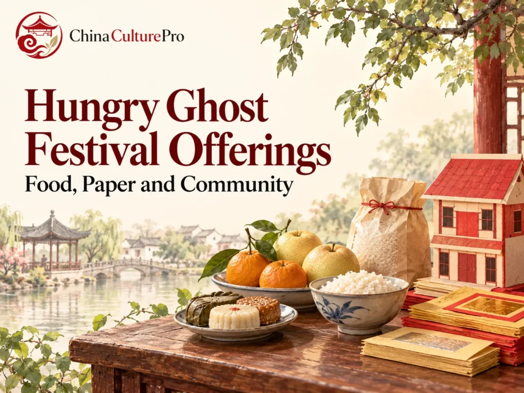 Hungry Ghost Festival offerings with rice fruit and ritual paper