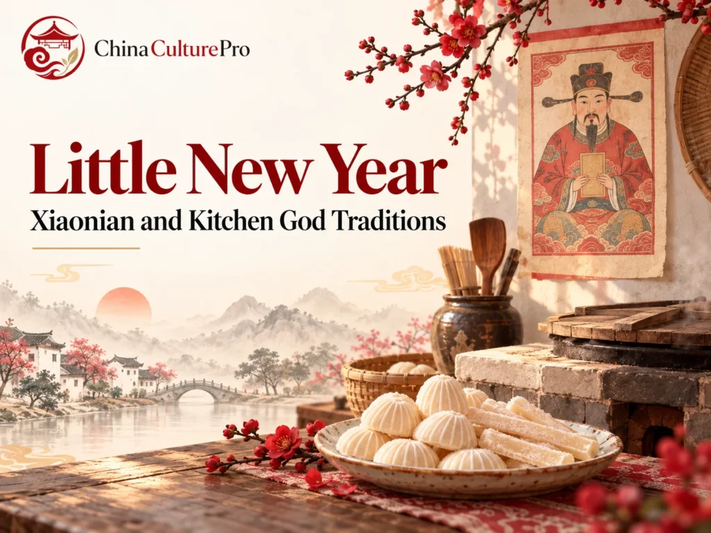 小年 Xiaonian、灶君神像與麥芽糖供品