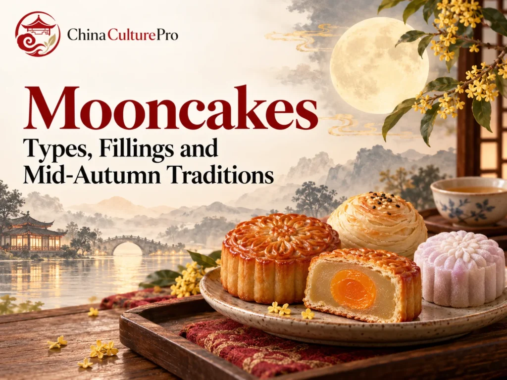 Mooncakes with lotus paste yolk flaky pastry and tea