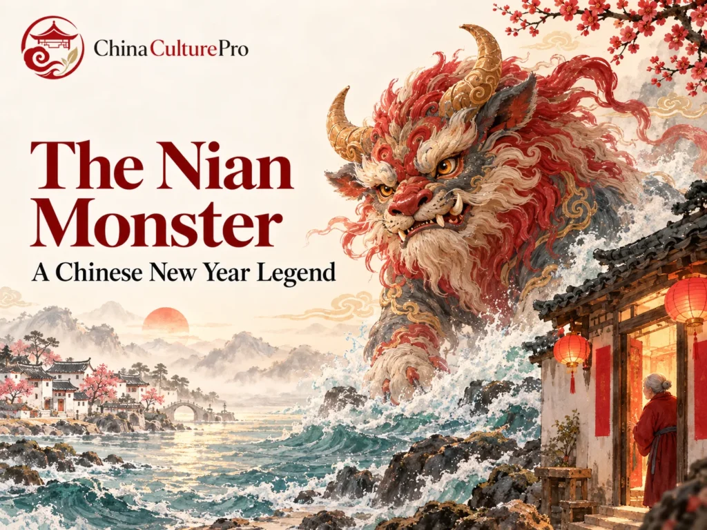 Historia del monstruo Nian con una bestia marina con cuernos y una puerta roja en una aldea
