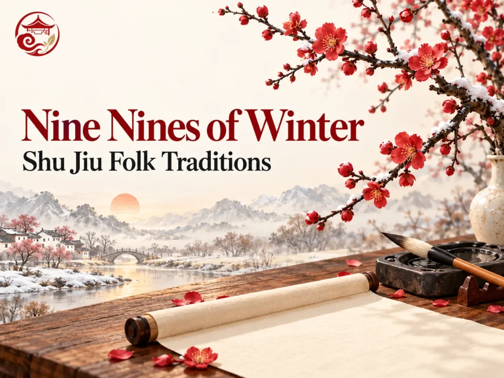 Nine Nines of Winter Shu Jiu with plum blossoms and traditional writing tools