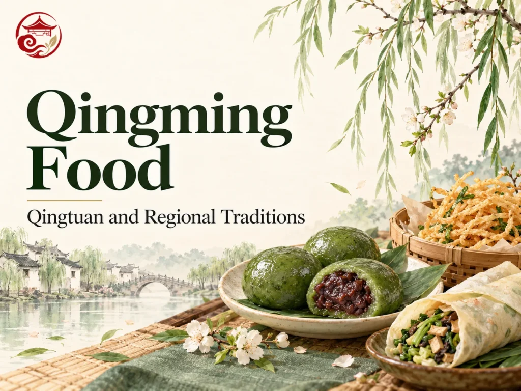 Makanan Qingming dengan qingtuan hijau, sanzi, dan lumpia sayuran segar