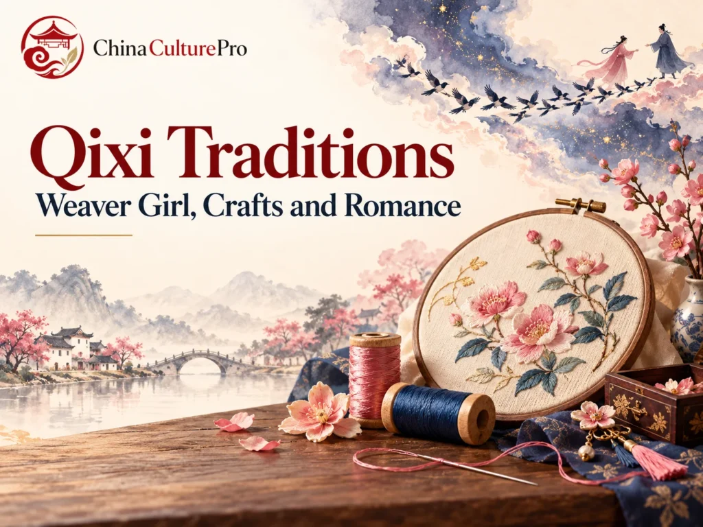Tradiciones de Qixi con hilo de seda para bordar y un Puente de las Urracas