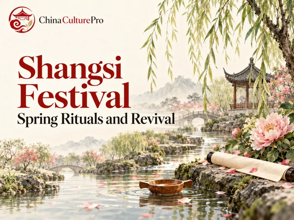 Suasana Festival Shangsi pada musim semi di tepi air dengan cawan hanyut dan pohon willow