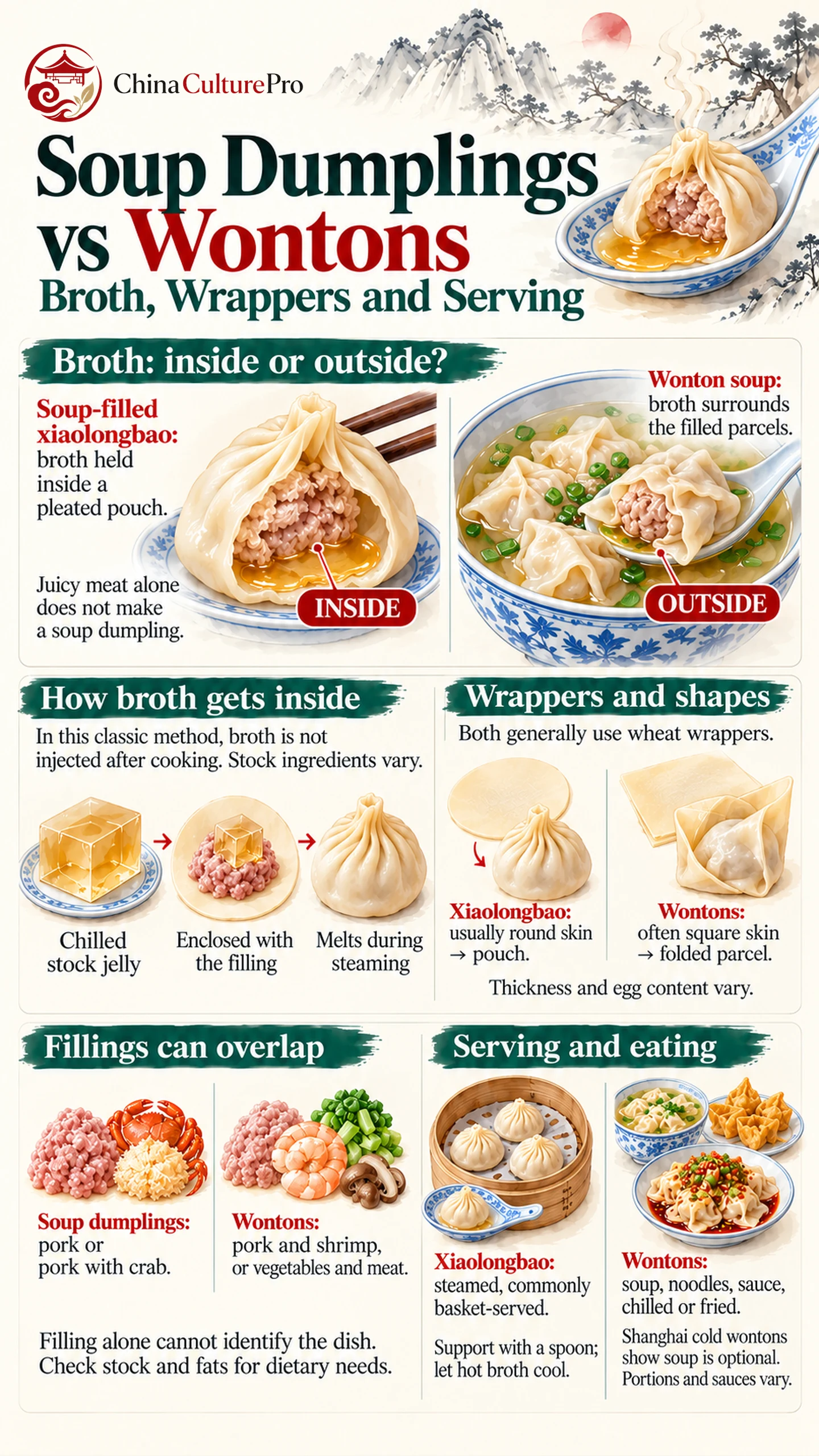 Soup Dumplings vs Wontons Broth Wrappers and Serving Infographic Soup Dumplings vs Wontons Broth Wrappers and Serving Infographic