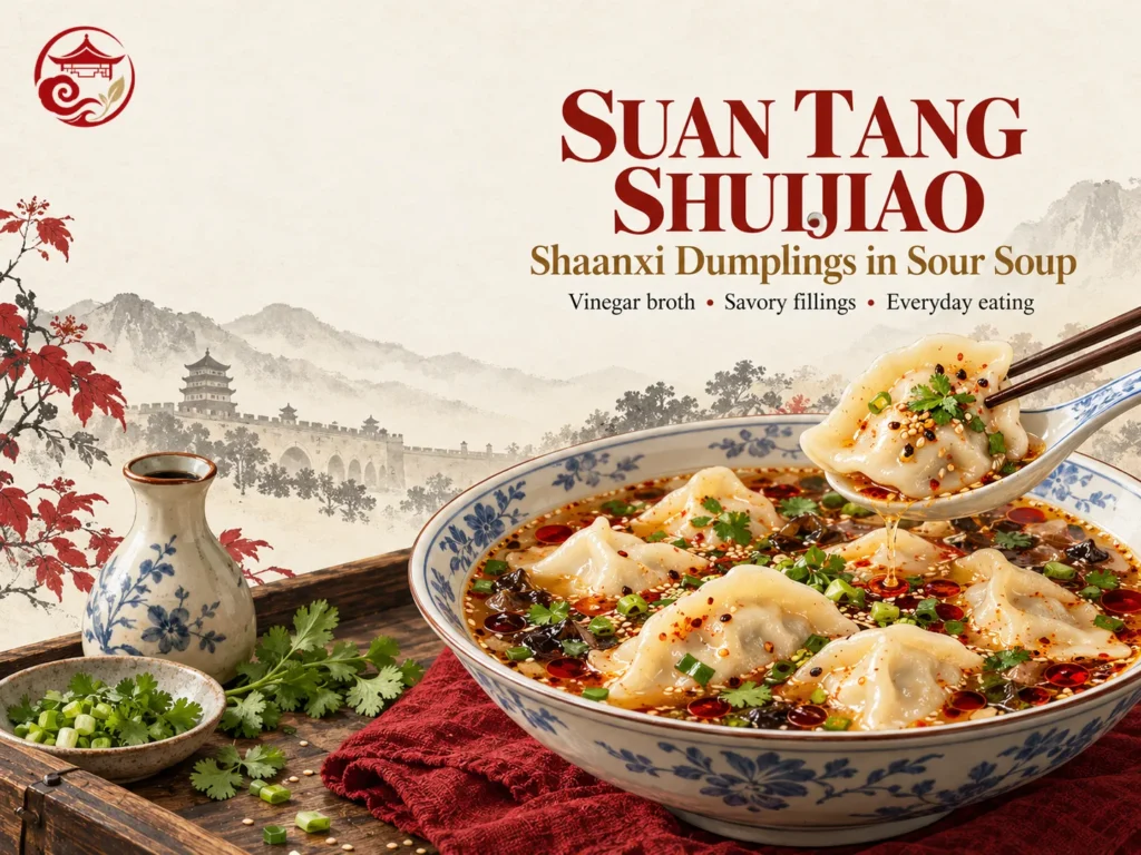 Suan Tang Shuijiao dumplings in Shaanxi vinegar soup