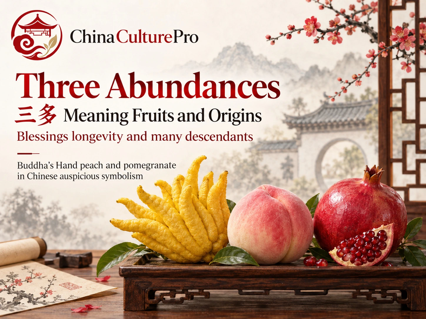 Signification des Trois Abondances dans la culture chinoise main de Bouddha pêche grenade et origines