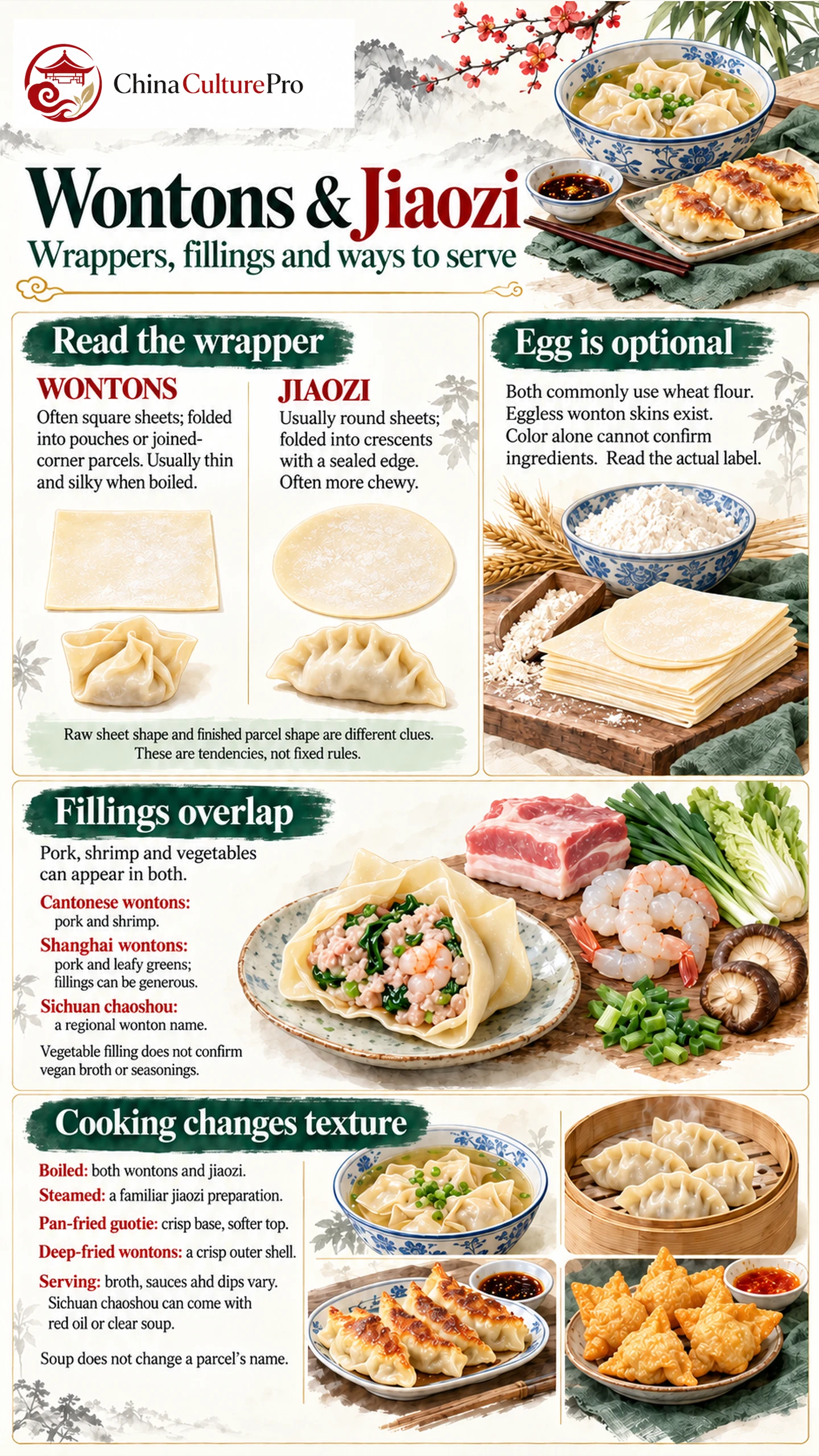 Comparaison des enveloppes, farces et modes de cuisson des wontons et des jiaozi