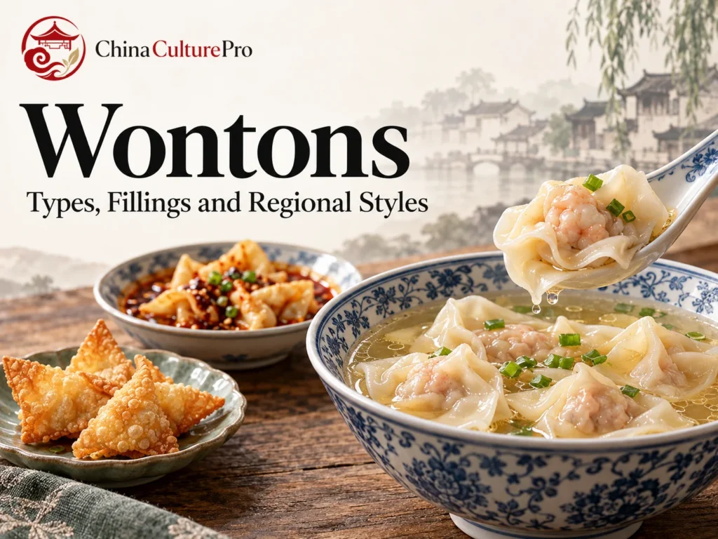 Wontons in clear soup with chili oil and fried regional styles
