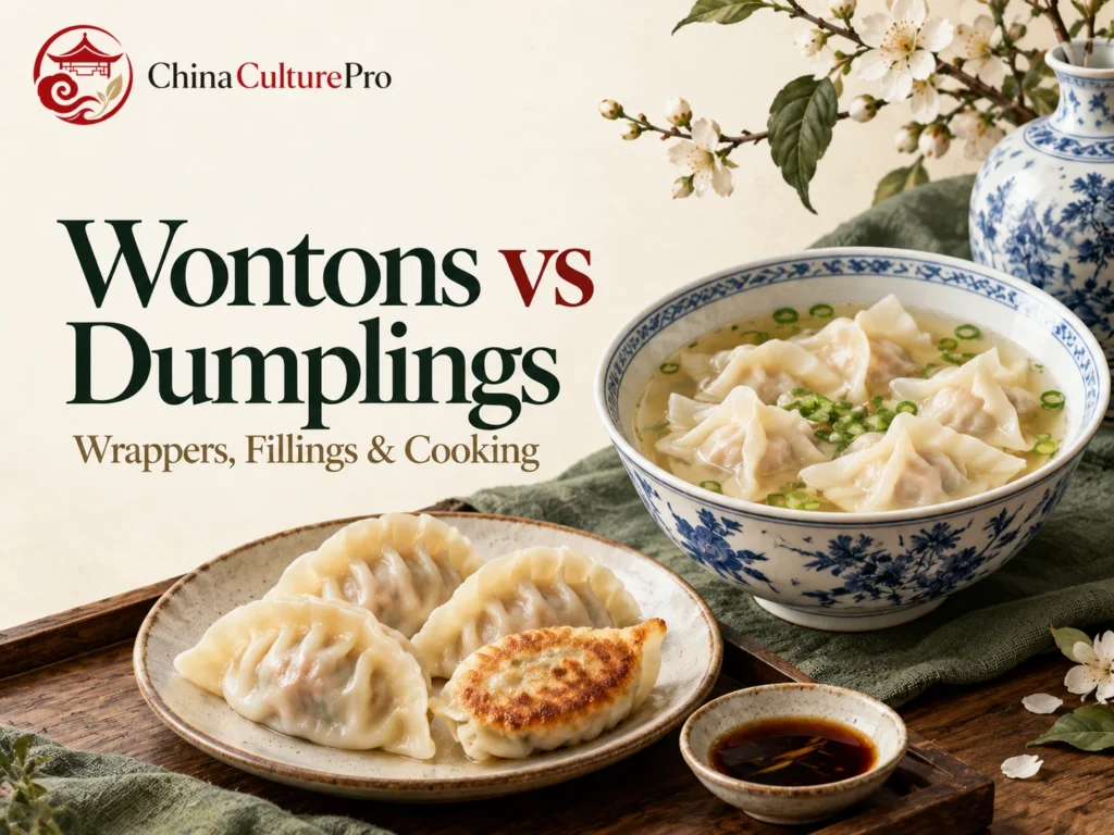Wontons vs dumplings avec wontons pliés et jiaozi plissés