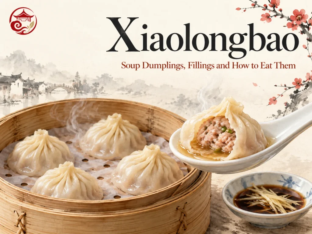 Xiaolongbao Soup Dumplings in a Bamboo Basket with Broth on a Spoon