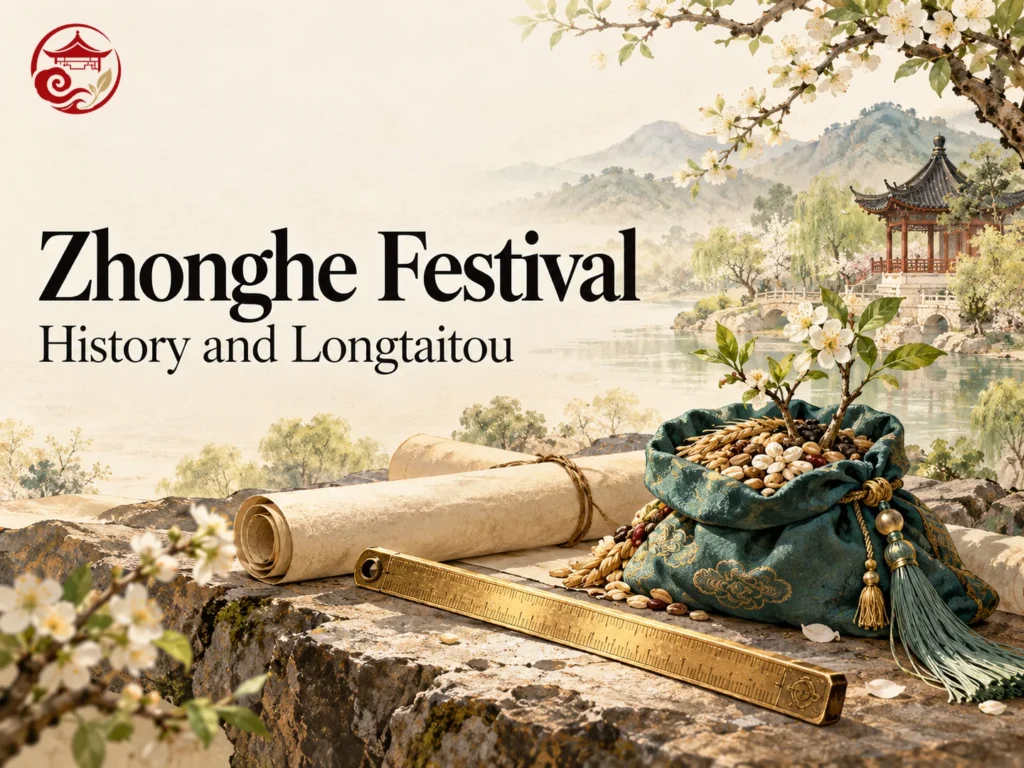 Zhonghe Festival with manuscript scrolls a measuring ruler and a seed pouch